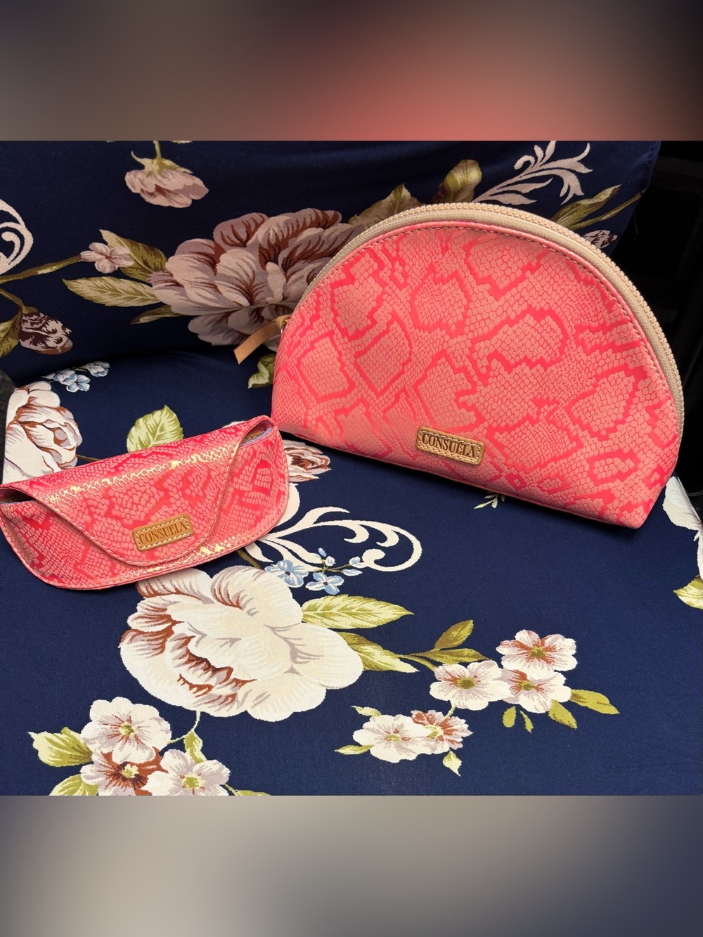 Consuela Cora Large Cosmetic Bag & Sunglasses Case Set Pink Snake